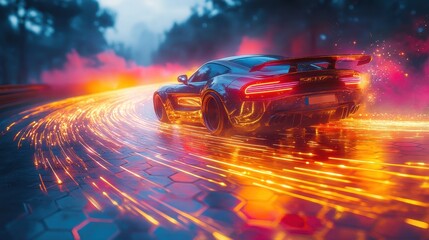 Futuristic Sports Car Speeding Through Neon Night