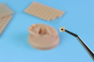 Close up view of the Auriculotherapy Seeds in a clip with others itens in the background - back view of the sticker 