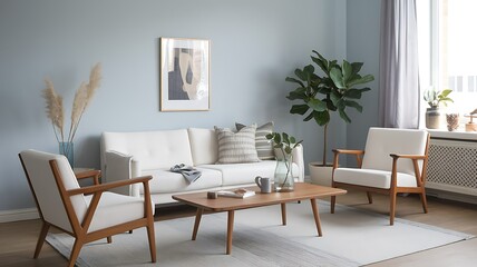 Modern living room interior design, furniture arrangement, Scandinavian style, light blue walls, calm atmosphere, home decor