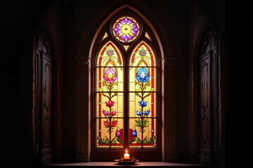Fototapeta premium Gothic Stained Glass Window with Luminous Floral Design for Sacred Architecture