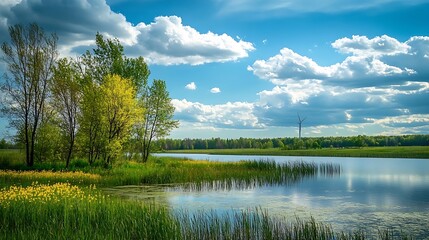 Serene Lake Landscape with Lush Greenery and Clear Blue Sky : Generative AI