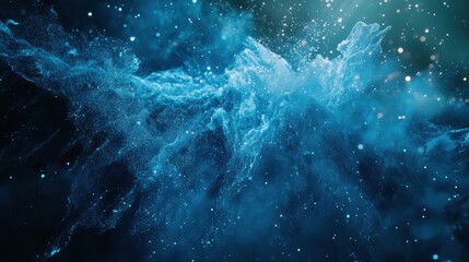 A glorious abstract image characterized by blue light rays and sparkling particles, creating a celestial effect that evokes feelings of wonder, beauty, and the infinite cosmos.