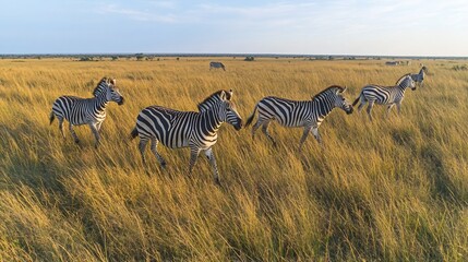 Fototapeta premium Zebras gracefully traverse the golden savanna grasslands