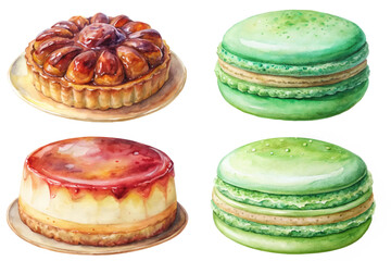 Colorful dessert illustrations, watercolor style, sweet pastries, macarons and cakes, food art, culinary design.