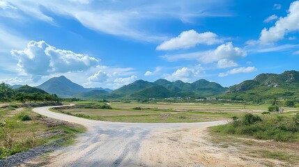 Naklejka premium Rural Road Forks Past Lush Green Mountains Under Blue Sky