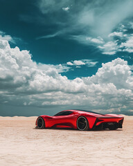 Futuristic red sports car in a desert under dramatic cloudy skies