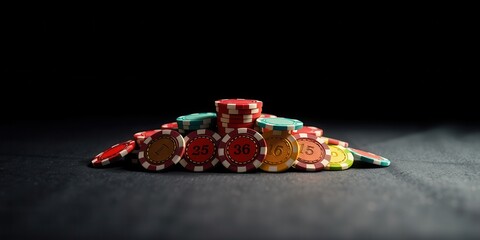 A Close-Up of Colorful Casino Chips Arranged in a Pyramid Shape on a Black Felt Table