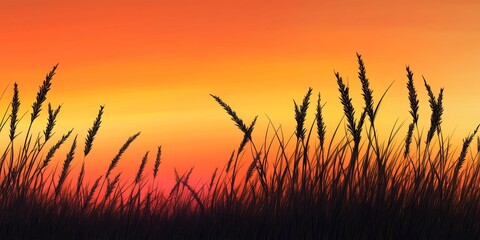 Silhouette of grass against a beautiful sunset background, creating a stunning visual effect of grass highlighted by the warm hues of the setting sun. This grass scene captures tranquility.