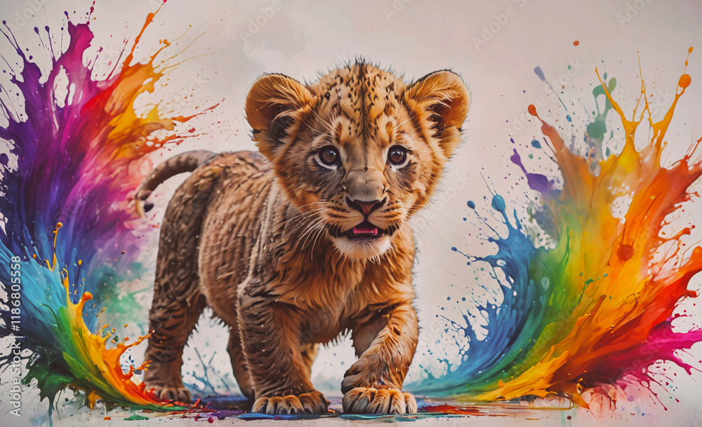 Poster baby lion is standing in front of a rainbow. the lion is looking at the camera. the background is a 