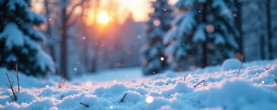 A sprinkling of glittering snowflakes on a winter landscape, calmness, serene