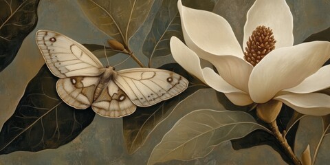 A tranquil moth rests delicately on a magnolia leaf, gracefully contributing to the beauty of natures elegance in a subtle yet meaningful way.
