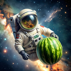 a-watermelon-in-a-space-suit--floating-in-zero-gra