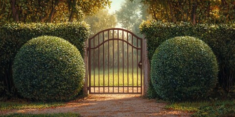 A rustic gate, bordered by two round hedge bushes, invites you into a tranquil garden, creating a serene atmosphere reminiscent of nostalgic illustrative styles in nature.