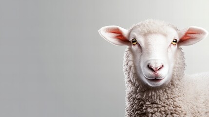 Fototapeta premium Close-up portrait of a fluffy white sheep against a light gray background. The sheep's calm expression is captivating.