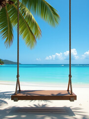 A Wooden Swing Suspended Above A Serene Tropical Ocean Background Offering Ample Copy Space For Creative Expression. 00002