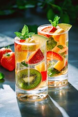 Two tall glasses of fruit punch with a slice of kiwi in each. The glasses are filled with a variety of fruits including strawberries, kiwi, and mango