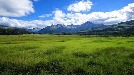 Obraz premium Serene Expansive Mountain Meadow with Blue Skies and Rolling Hills : Generative AI