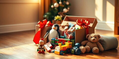 A Christmas morning surprise awaits with a box filled with thoughtfully chosen gifts, ready to be unwrapped and enjoyed.
