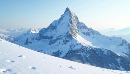 Obraz premium Clean and white snow-covered mountain peak in morning light, serene landscape, pristine landscape, cold weather