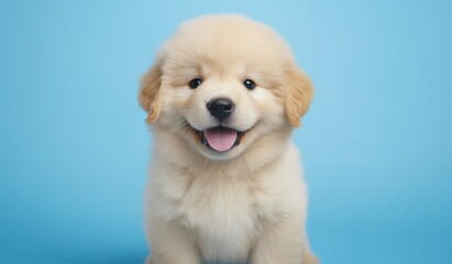 Golden Puppy Joy: An adorable fluffy golden retriever puppy beams with happiness against a vibrant blue background, its playful expression capturing pure canine joy.  