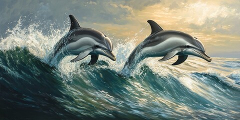 Fototapeta premium Graceful swimming dolphins, specifically the common dolphin Delphinus capensis Delphinus delphis , navigate the ocean with agility and charm, showcasing their beauty in the water.