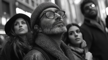 Black and white cinematic portrait of people looking upward