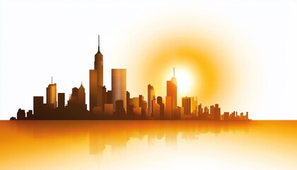 City skyline silhouette at sunset with reflection.
