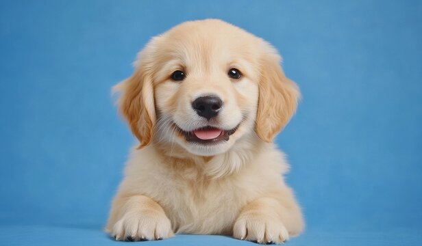 Golden Retriever Puppy Smiles: A fluffy golden retriever puppy with sparkling eyes and a wide, toothy grin stares directly at the camera, showcasing pure canine joy and innocence.