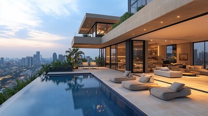 Fototapeta premium Modern Infinity Pool Overlooking City Skyline At Dusk