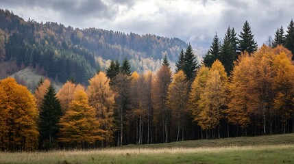 Autumn Forest Splendor with Majestic Mountains and Golden Foliage : Generative AI