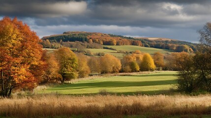 Fototapeta premium Beautiful Autumn Landscape with Vibrant Trees Under Cloudy Sky : Generative AI