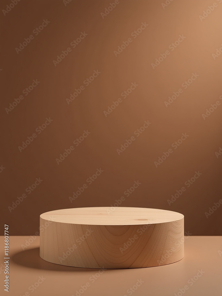 Aufkleber a wooden podium stands against a simple blurred brown background, ideal for product presentation in 
