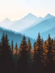 Fototapeta premium Mountain range with a blue sky and trees. The trees are tall and green, and the sky is clear and blue. Concept of peace and tranquility, as the viewer is surrounded by nature