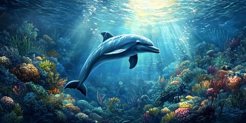 Underwater world featuring a dolphin gracefully floating through the serene sea, showcasing the beauty of the underwater world and the captivating marine life within.