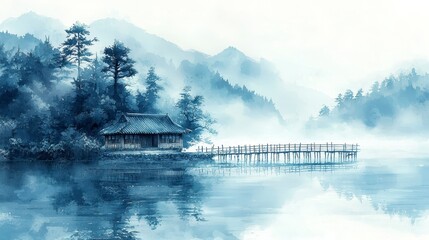 Fototapeta premium Serene lakeside house in misty mountains, tranquil reflection.
