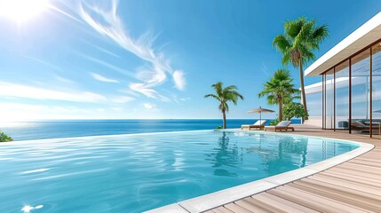 Fototapeta premium Idyllic Summer Getaway: Terrace with Sunbeds and Clear Blue Swimming Pool overlooking Stunning Sea View and Palm Trees - Perfect Vacation Background