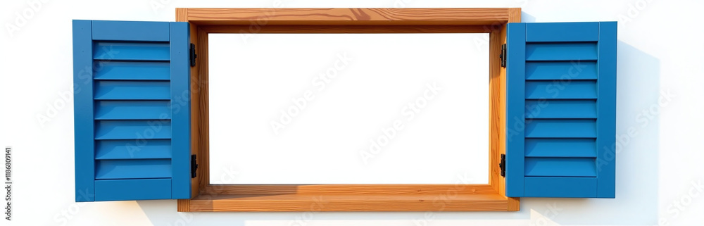 Poster a wooden open window with blue shutters isolated on a white background in png transparent format for