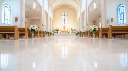 A church with a large white altar and a cross