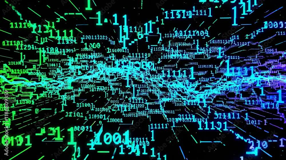 Poster Exploring the dynamic interplay of binary code and digital data in a vibrant abstract visualization