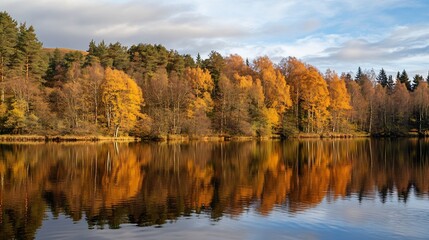 Autumn Landscape with Golden Trees Reflecting on Still Lake under Blue Sky : Generative AI
