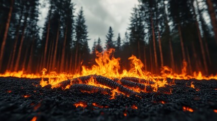 Blazing Flames Erupting from Charred Logs in Dark Forest Setting