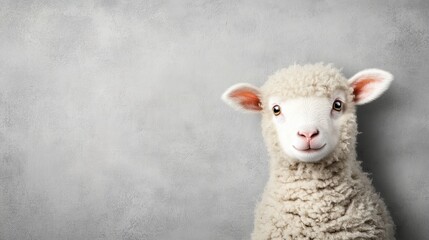 Fototapeta premium Adorable lamb peering from behind a textured gray background. Soft, fluffy fur and innocent eyes.