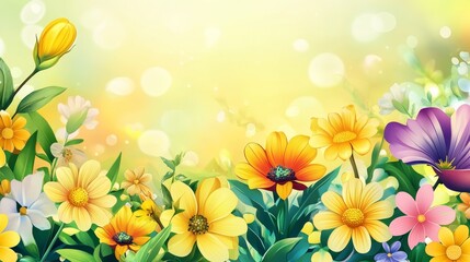 Spring themed banner featuring vibrant spring flowers, designed to create a cheerful atmosphere. This spring banner offers ample copy space for your messages and announcements in a festive style.