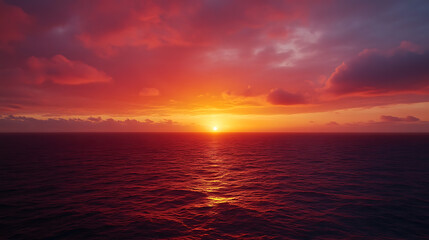 Obraz premium A vibrant sunset with fiery colors painting the sky, casting warm light over the calm horizon