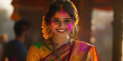 Woman wearing a yellow sari is smiling and posing for a picture. The image has a bright and cheerful mood, with the woman's smile and the colorful sari adding to the overall positive atmosphere