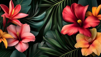 Fototapeta premium Lush Floral Background with Vibrant Tropical Leaves and Blooms