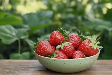 Bowl of Fresh Strawberries: A rustic wooden table holds a vibrant bowl of ripe, red strawberries, ready for a taste of summer.