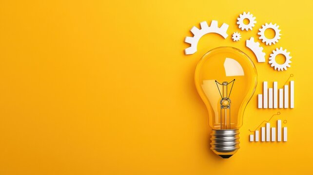 A bright yellow background features a light bulb surrounded by gears and graphs, symbolizing innovation, ideas, and progress.