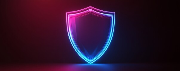 Glowing neon shield representing cybersecurity, data protection and network security on a dark background