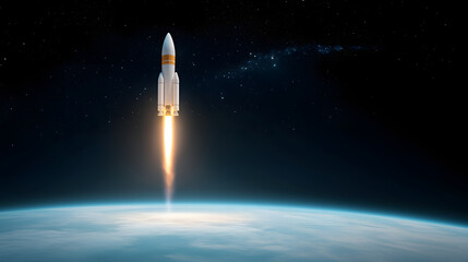Naklejka premium dramatic view of rocket launching into space, leaving fiery trail behind as it ascends above Earth’s atmosphere, showcasing power of space exploration